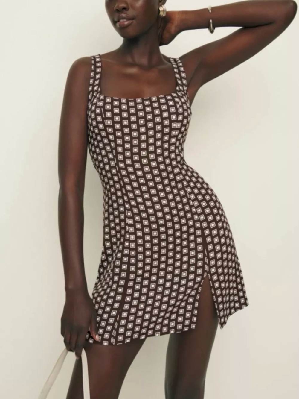 Reformation Brown and White Square-Print Mini Dress with Side Slit